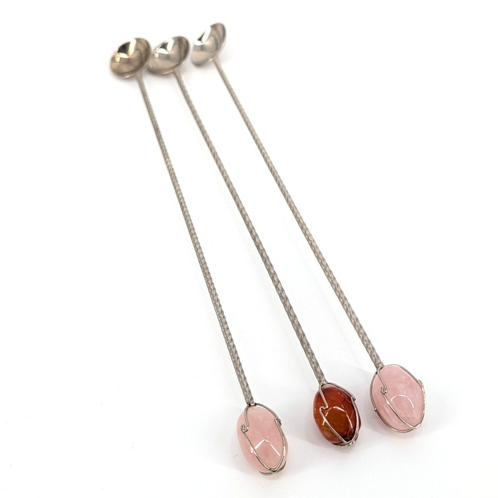 Unbranded Iced Tea Spoons Long Handle Rose Quartz Carnelian‎ Stone Set of 3 11"